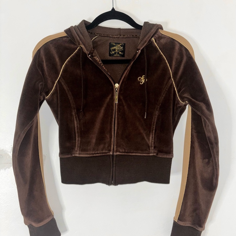 Authentic Y2K South Pole Brown Velvet Cropped Zip-Up Hoodie Smal